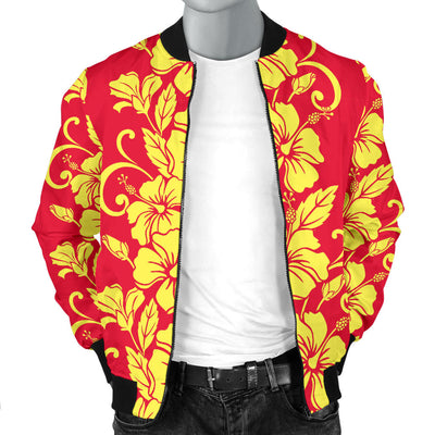 Orange Hibiscus Pattern Print Design HB018 Men Bomber Jacket