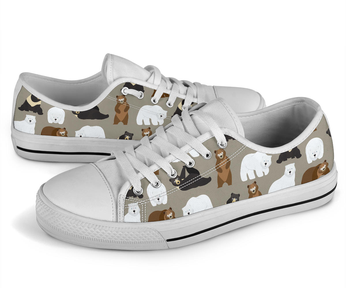 Bear Pattern Print Design BE03 White Bottom Low Top Shoes
