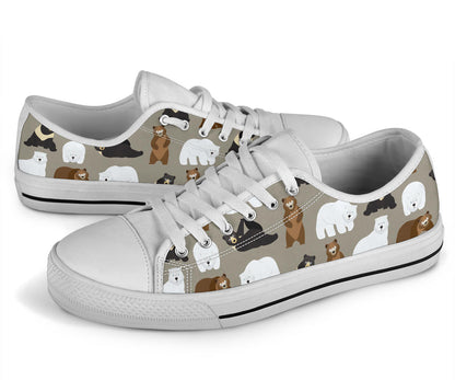 Bear Pattern Print Design BE03 White Bottom Low Top Shoes