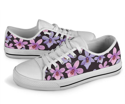 Orchid Pattern Print Design OR08 White Bottom Low Top Shoes