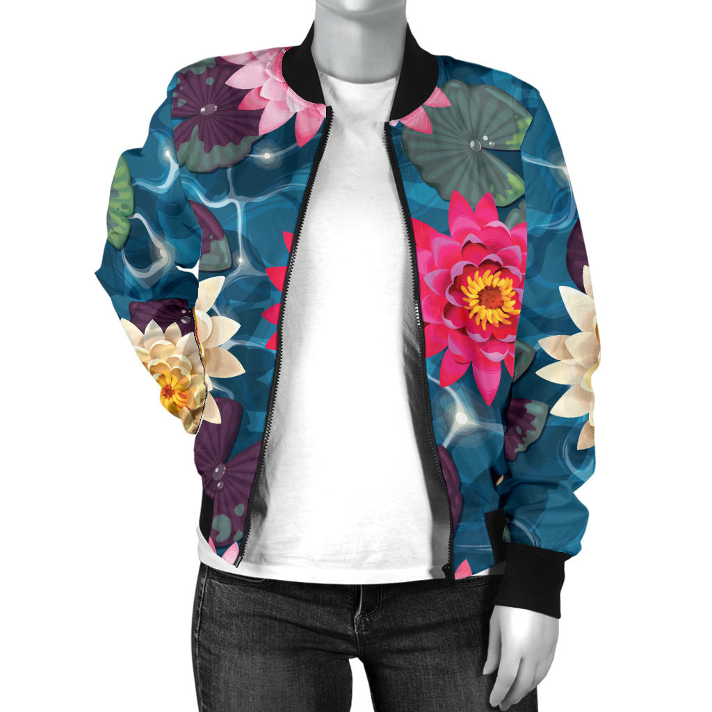 Water Lily Pattern Print Design WL05 Women Bomber Jacket