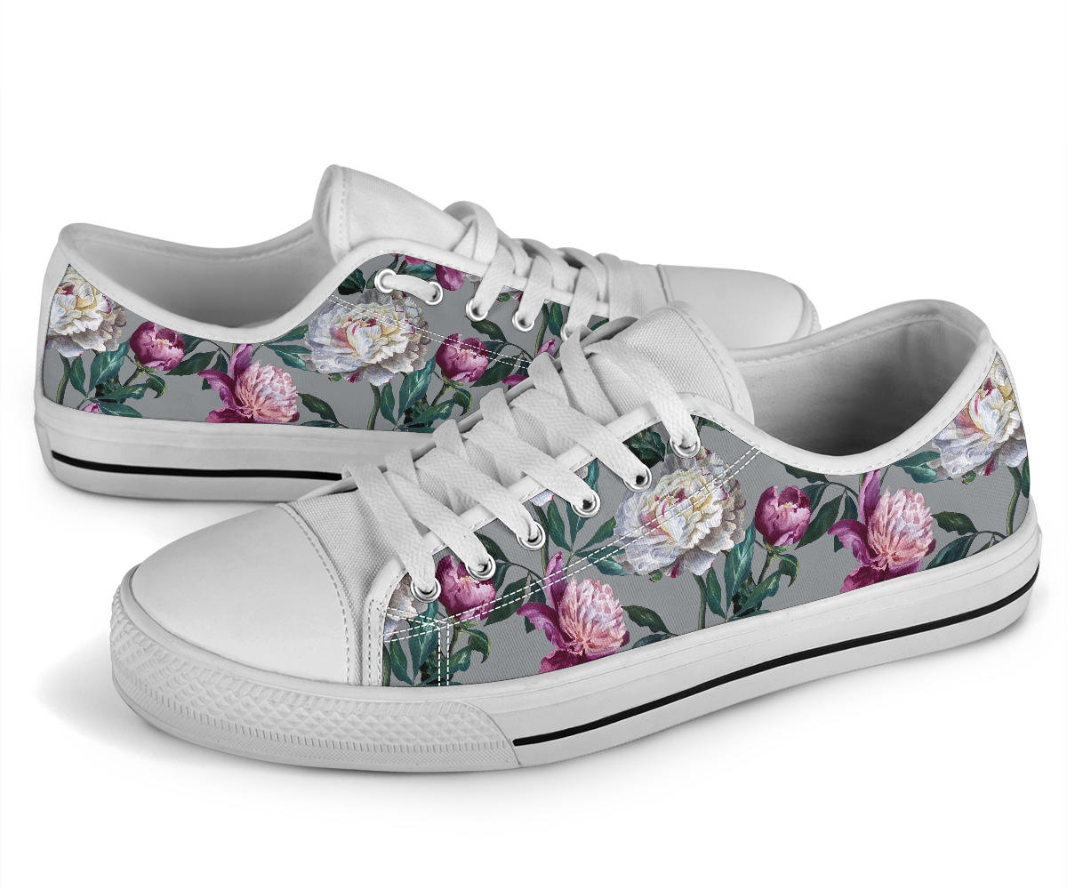 Peony Pattern Print Design PE01 White Bottom Low Top Shoes