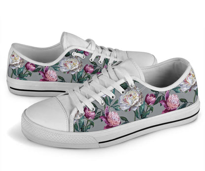Peony Pattern Print Design PE01 White Bottom Low Top Shoes