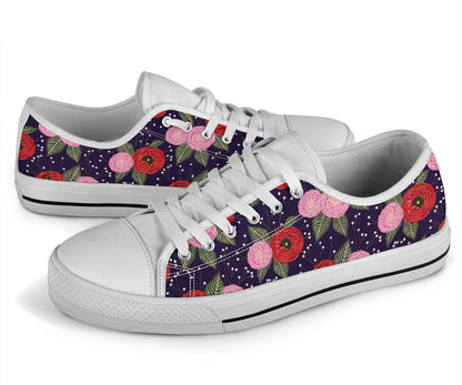 Camellia Pattern Print Design CM02 White Bottom Low Top Shoes