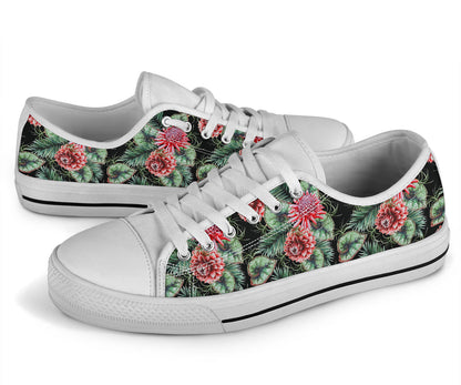 Dahlia Pattern Print Design DH06 White Bottom Low Top Shoes