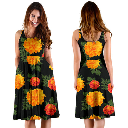 Marigold Pattern Print Design MR05 Midi Dress