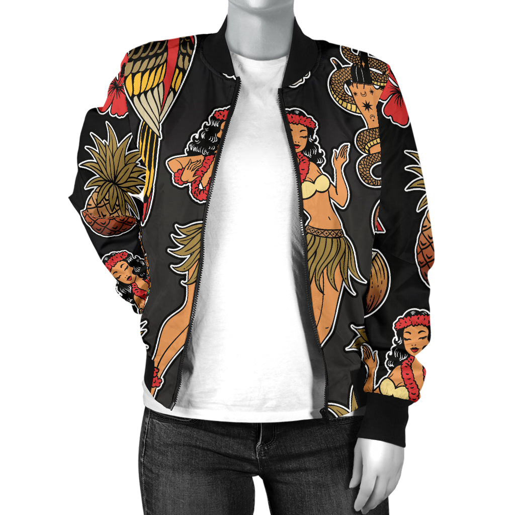 Hula Dancers Hawaiian Style Pattern Print Design 02 Women's Bomber Jacket