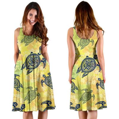 Hawaiian Turtle Tribal Design Print Midi Dress