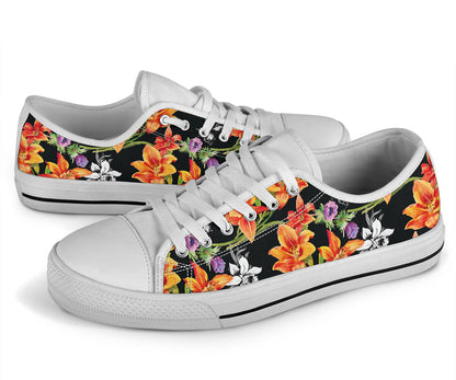 Tropical Flower Pattern Print Design TF02 White Bottom Low Top Shoes