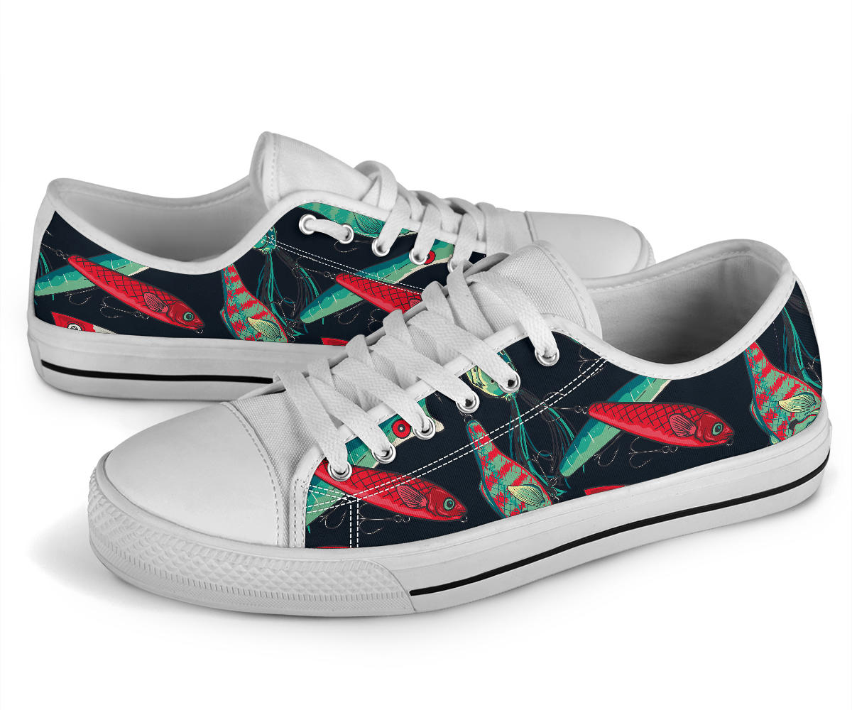 Fishing Bait Pattern White Bottom Low Top Shoes