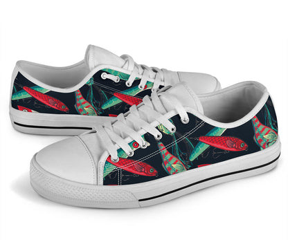 Fishing Bait Pattern White Bottom Low Top Shoes