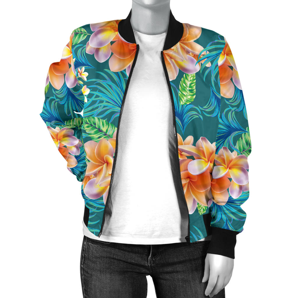 Plumeria Tropical Flower Design Print Women Bomber Jacket