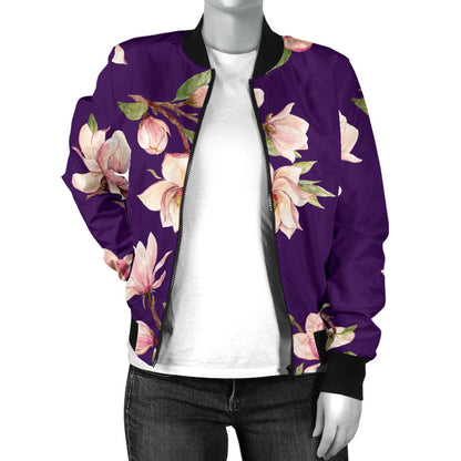 Magnolia Pattern Print Design MAG02 Women Bomber Jacket