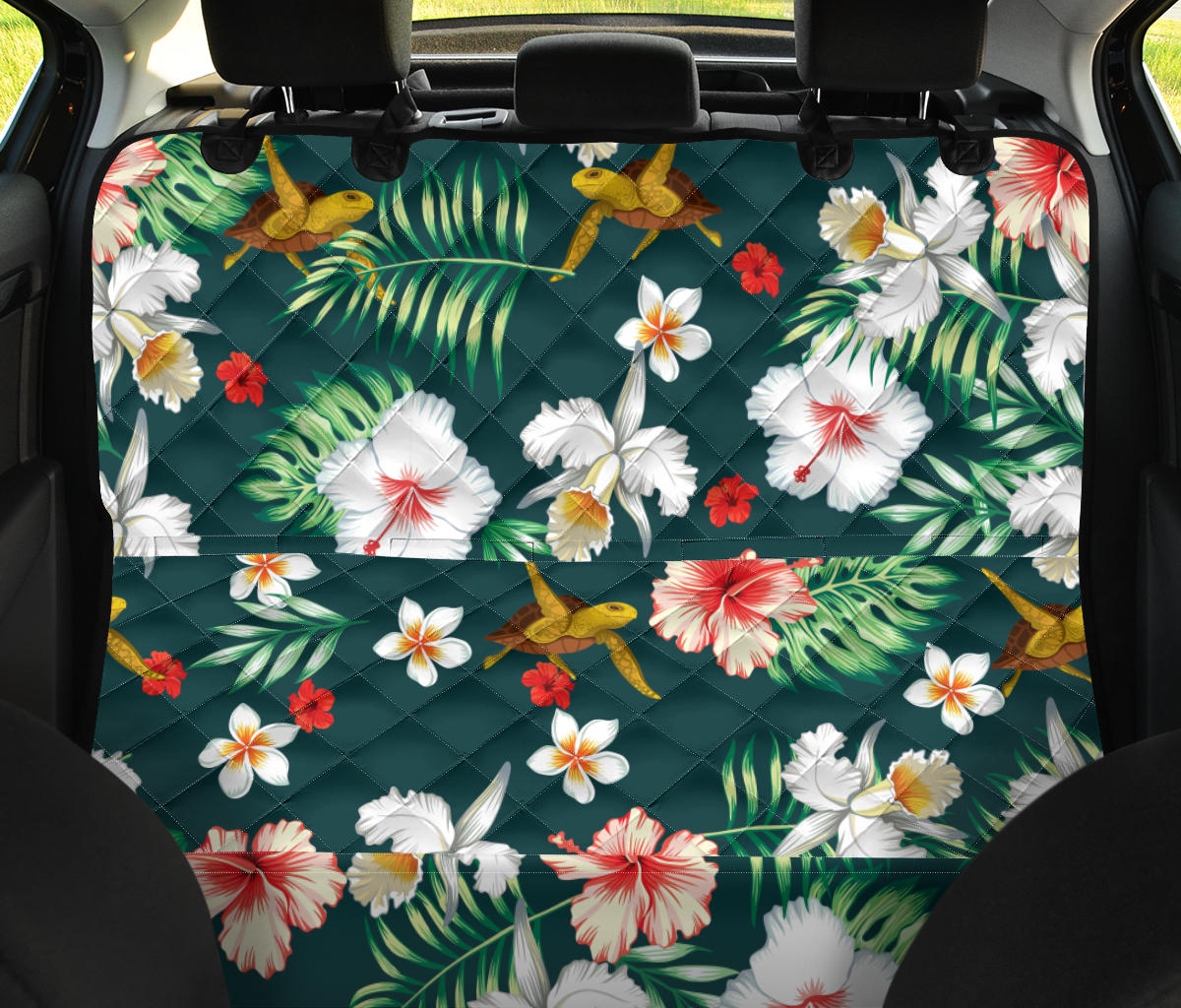 Hawaiian Flower Design with SeaTurtle Print Rear Dog  Seat Cover