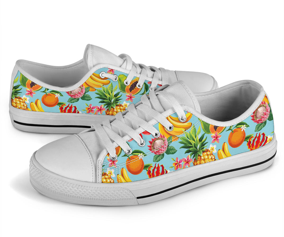 Tropical Fruits Pattern Print Design TF01 White Bottom Low Top Shoes