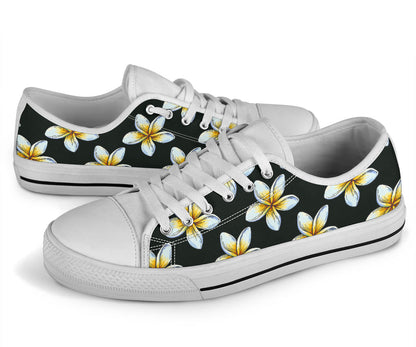 White Plumeria Pattern Print Design PM022 White Bottom Low Top Shoes