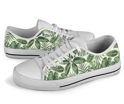 Palm Leaves Pattern Print Design PL014 White Bottom Low Top Shoes