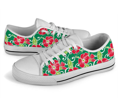 Red Hibiscus Pattern Print Design HB019 White Bottom Low Top Shoes