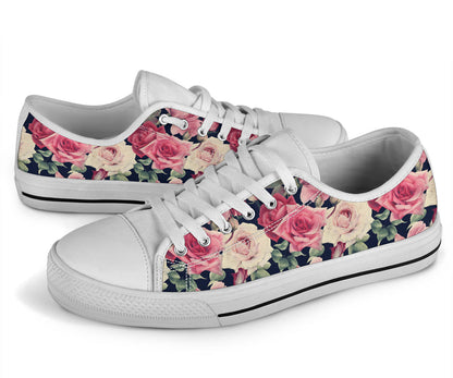 Rose Pattern Print Design RO05 White Bottom Low Top Shoes