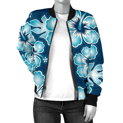 Blue Hibiscus Pattern Print Design HB011 Women Bomber Jacket