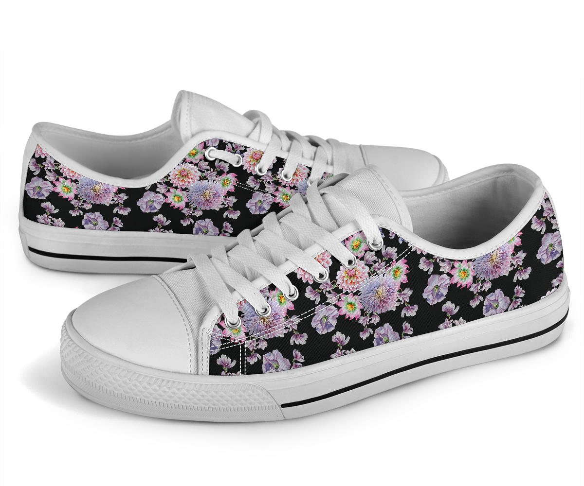 Dahlia Pattern Print Design DH012 White Bottom Low Top Shoes