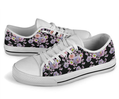 Dahlia Pattern Print Design DH012 White Bottom Low Top Shoes