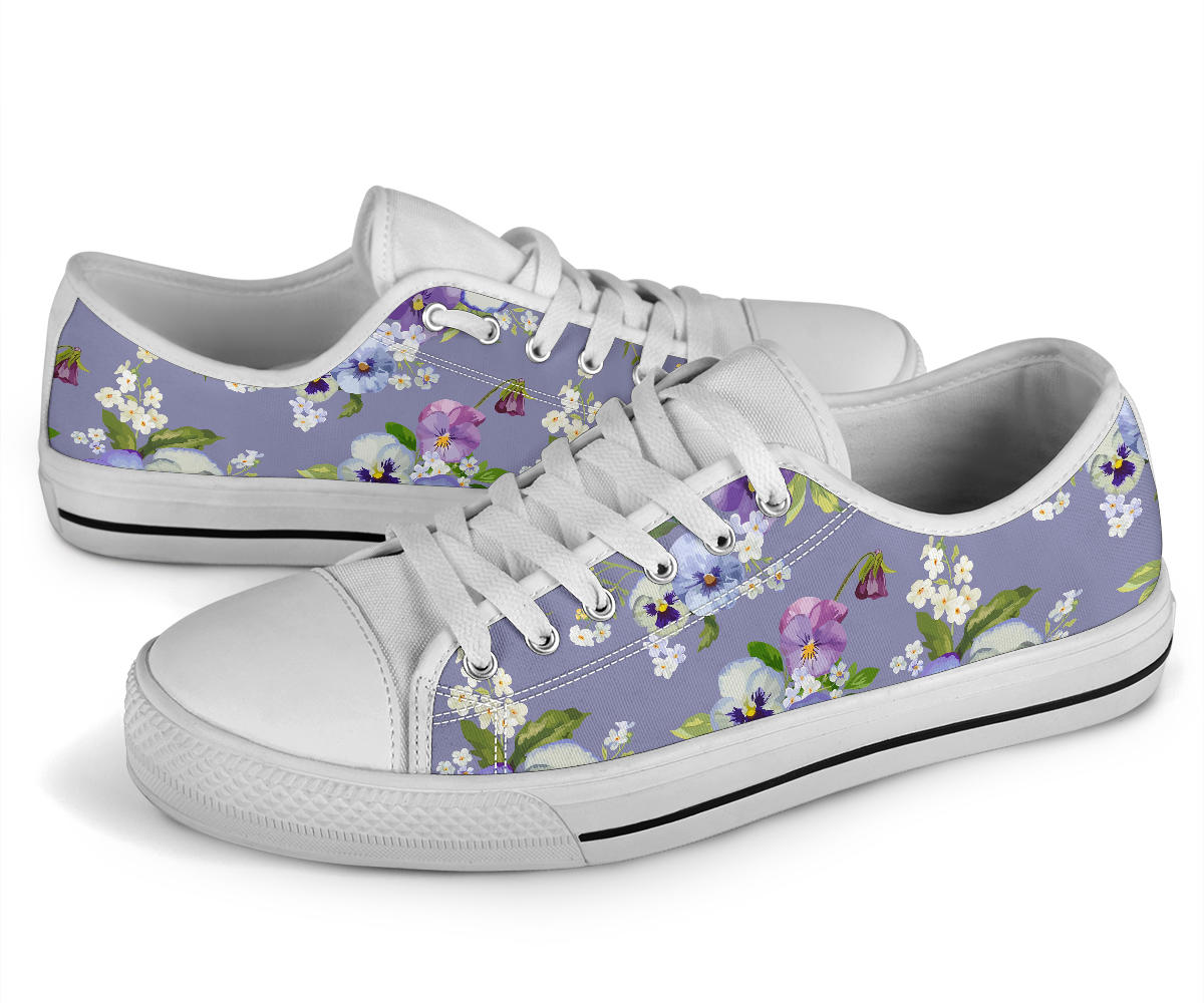 Pansy Pattern Print Design PS05 White Bottom Low Top Shoes
