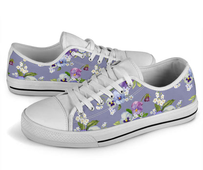 Pansy Pattern Print Design PS05 White Bottom Low Top Shoes