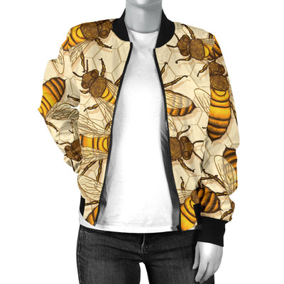 Bee Pattern Print Design BEE05 Women Bomber Jacket