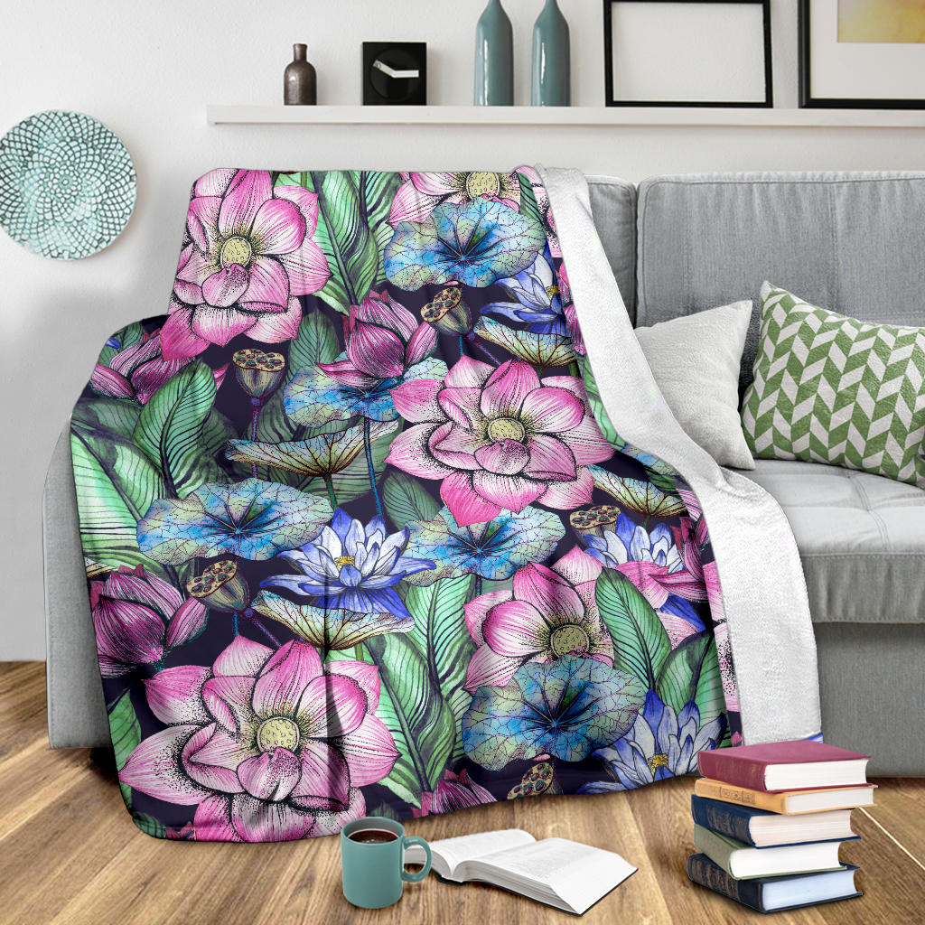 Water Lily Pattern Print Design WL07 Fleece Blanket