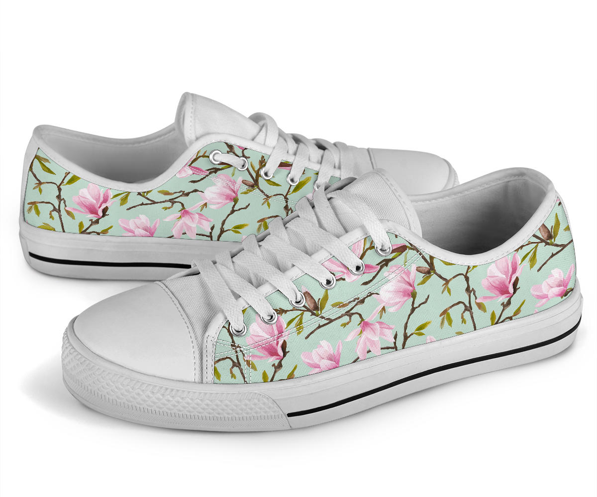 Magnolia Pattern Print Design MAG04 White Bottom Low Top Shoes