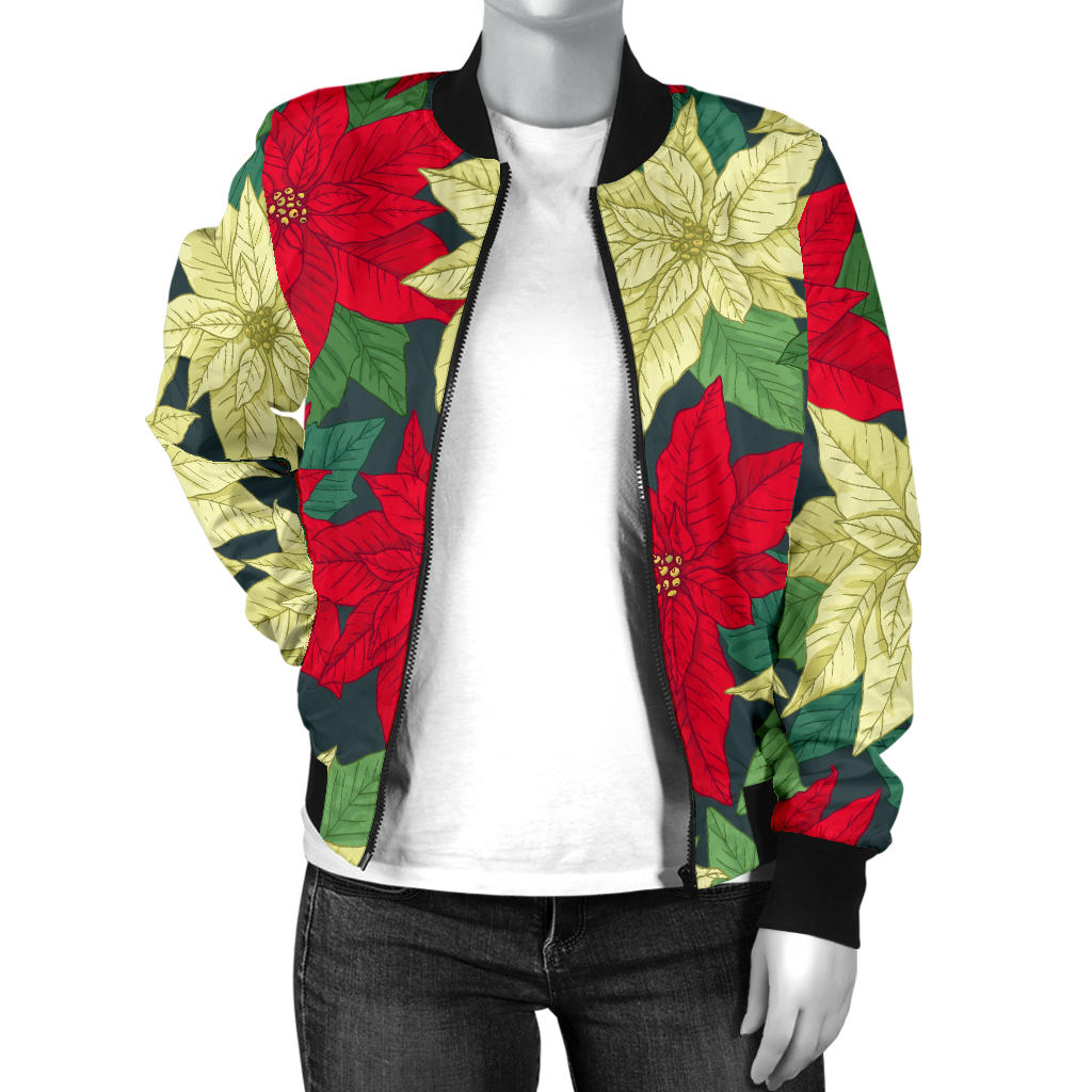Poinsettia Pattern Print Design POT06 Women Bomber Jacket