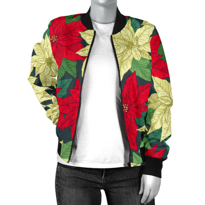 Poinsettia Pattern Print Design POT06 Women Bomber Jacket