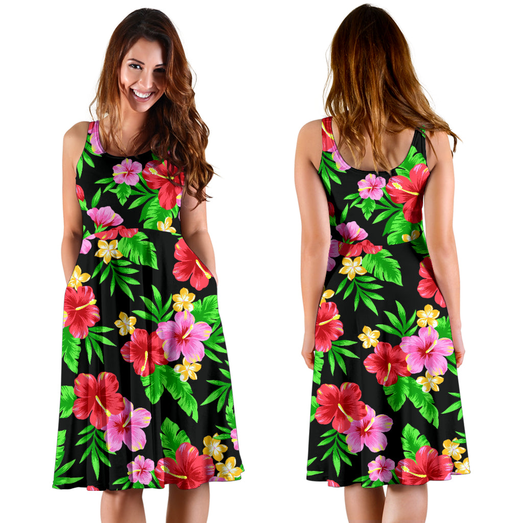 Pink Red Hibiscus Pattern Print Design HB023 Midi Dress