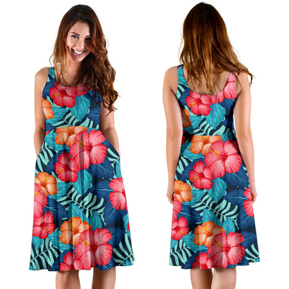 Red Hibiscus Pattern Print Design HB02 Midi Dress