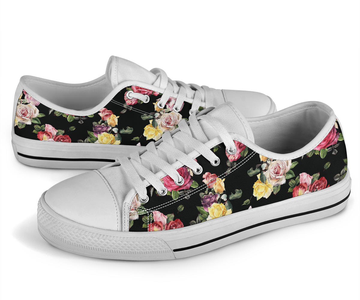 Rose Pattern Print Design RO010 White Bottom Low Top Shoes