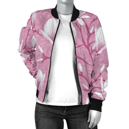 Magnolia Pattern Print Design MAG05 Women Bomber Jacket