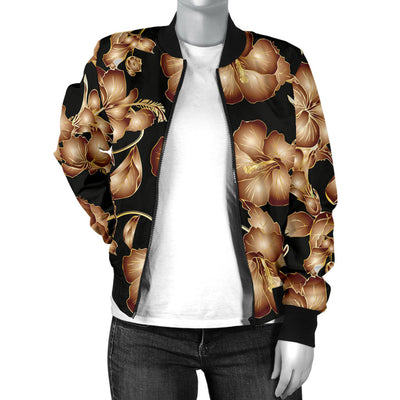 Brown Hibiscus Pattern Print Design HB06 Women Bomber Jacket