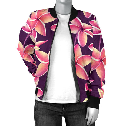 Purple Plumeria Pattern Print Design PM010 Women Bomber Jacket