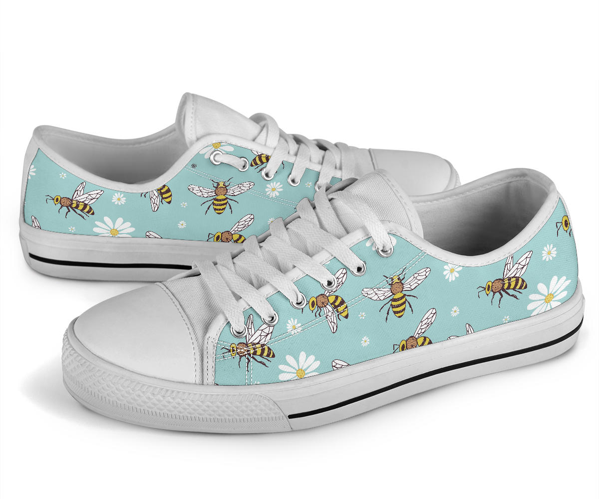Bee Pattern Print Design BEE010 White Bottom Low Top Shoes