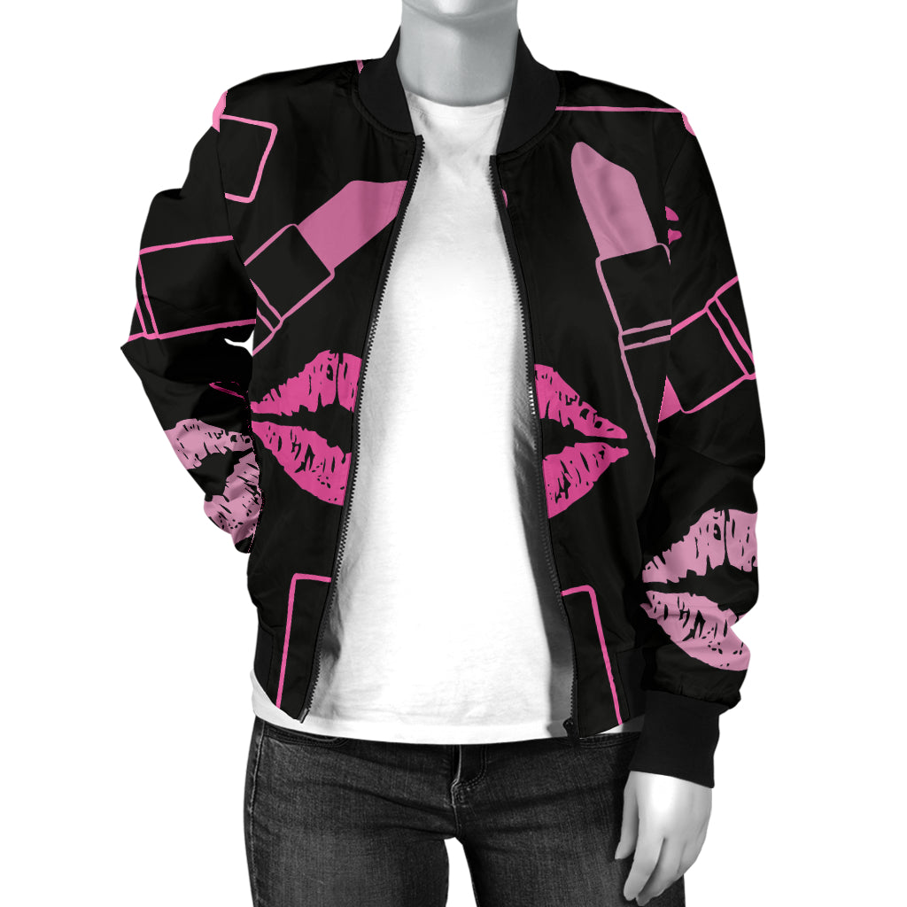 Lipstick Pink Pattern Print Design 01 Women's Bomber Jacket