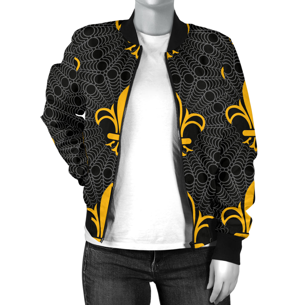 Fleur De Lis Gold Pattern Print Design 01 Women's Bomber Jacket