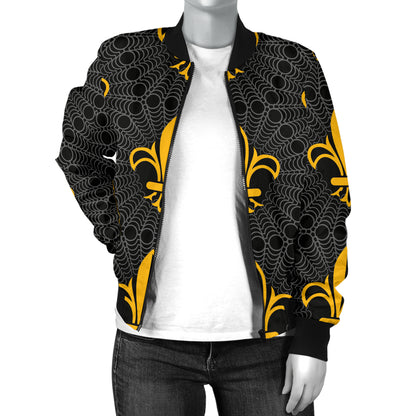 Fleur De Lis Gold Pattern Print Design 01 Women's Bomber Jacket