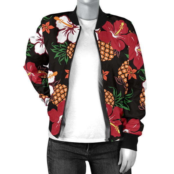 Watercolor Hibiscus Floral Hawaiian Print Women's Bomber Jacket