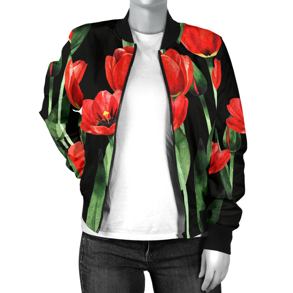 Tulip Red Pattern Print Design TP03 Women Bomber Jacket