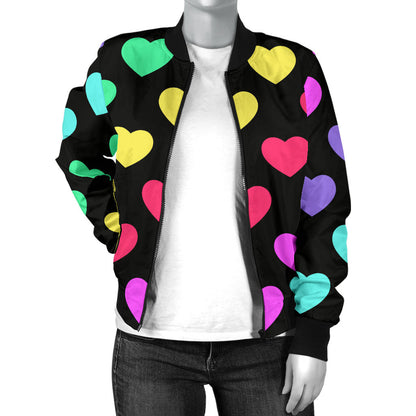Heart Rainbow Pattern Print Design HE02 Women Bomber Jacket