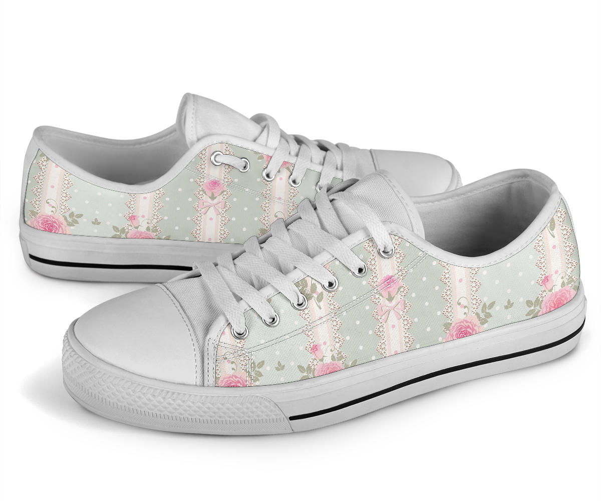 Rose Pattern Print Design RO016 White Bottom Low Top Shoes