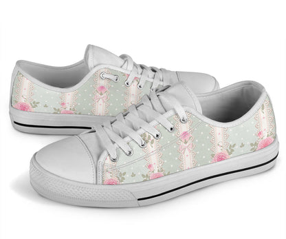 Rose Pattern Print Design RO016 White Bottom Low Top Shoes