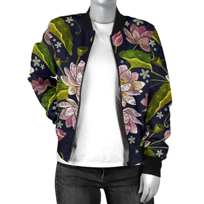 lotus Embroidered Pattern Print Design LO06 Women Bomber Jacket