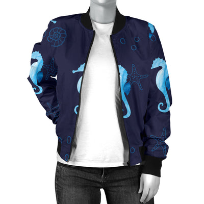 SeaHorse Blue neon Pattern Print Design 03 Women's Bomber Jacket